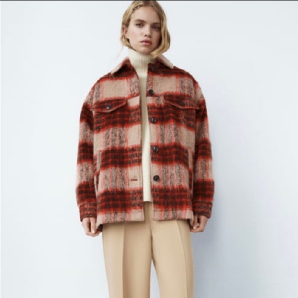 Zara XL women's plaid red, tan and brown jacket new with tags never worn.
